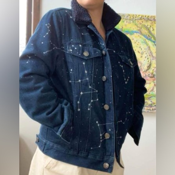 Hand painted silver Astrological Constellation Map on Denim Jean & Sherpa Jacket - Picture 5 of 9